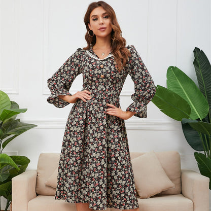 Ditsy Floral Print Lace Collar Long Sleeve Ruffle Cuff A-Line Midi Dress