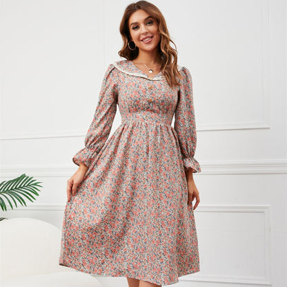 Ditsy Floral Print Lace Collar Long Sleeve Ruffle Cuff A-Line Midi Dress
