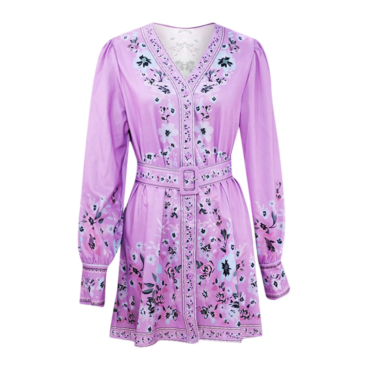 Floral Print Bishop Sleeve Button Front Belted Mini Dress