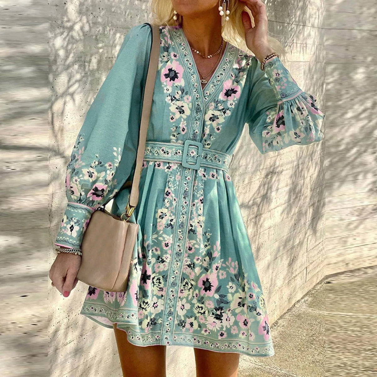 Floral Print Bishop Sleeve Button Front Belted Mini Dress