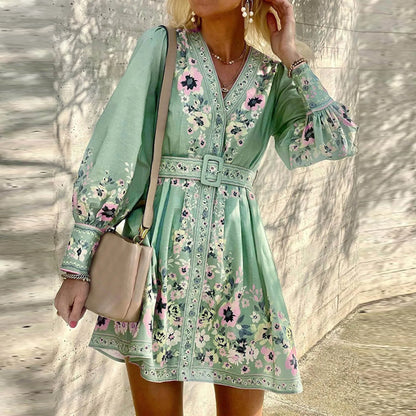 Floral Print Bishop Sleeve Button Front Belted Mini Dress