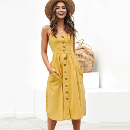 Spaghetti Strap Button Down Patch Pocket A-Line Midi Dress