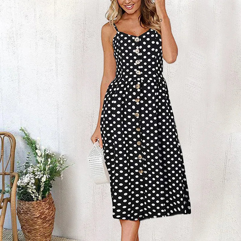Spaghetti Strap Button Down Patch Pocket A-Line Midi Dress