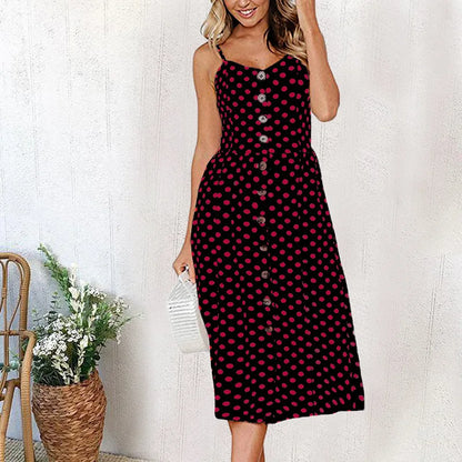Spaghetti Strap Button Front Gathered Waist Patch Pocket Midi Dress