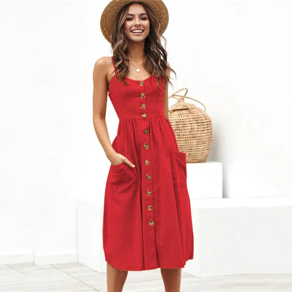 Spaghetti Strap Button Down Patch Pocket A-Line Midi Dress