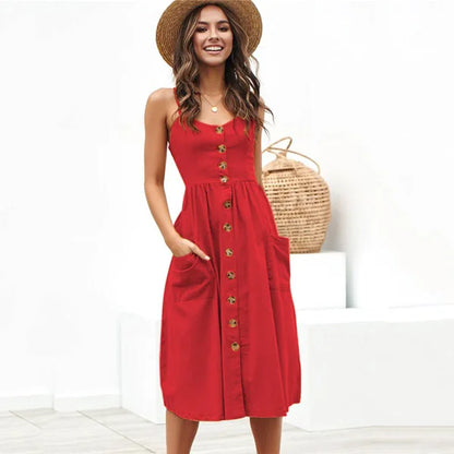 Spaghetti Strap Button Down Patch Pocket A-Line Midi Dress