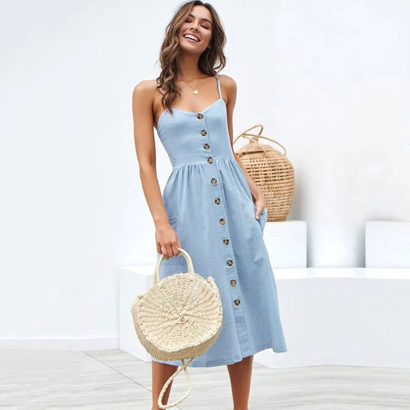 Spaghetti Strap Button Down Patch Pocket A-Line Midi Dress