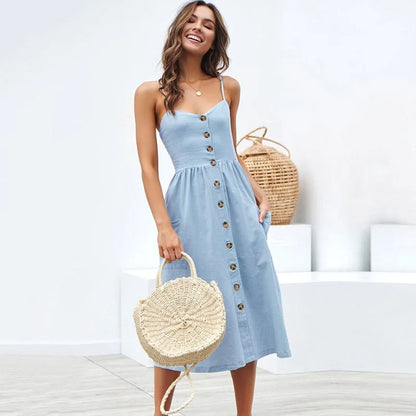 Spaghetti Strap Button Front Gathered Waist Patch Pocket Midi Dress