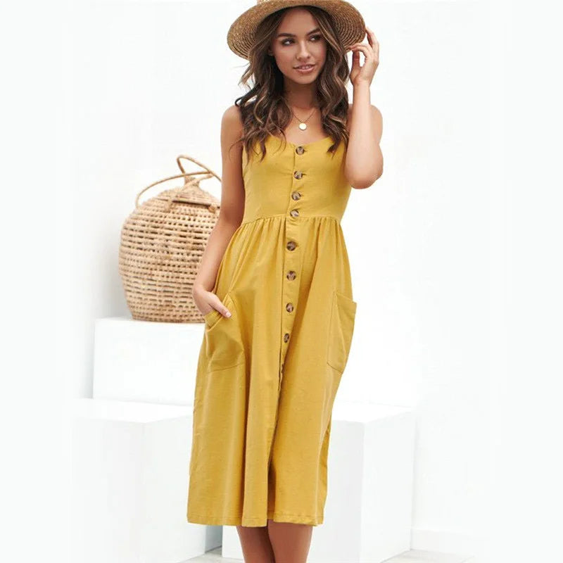 Spaghetti Strap Button Down Patch Pocket A-Line Midi Dress