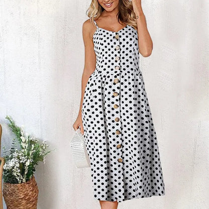 Spaghetti Strap Button Down Patch Pocket A-Line Midi Dress
