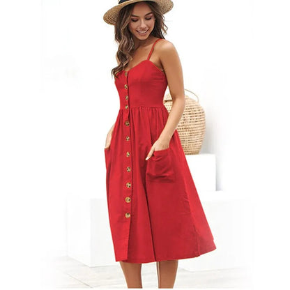 Spaghetti Strap Button Down Patch Pocket A-Line Midi Dress