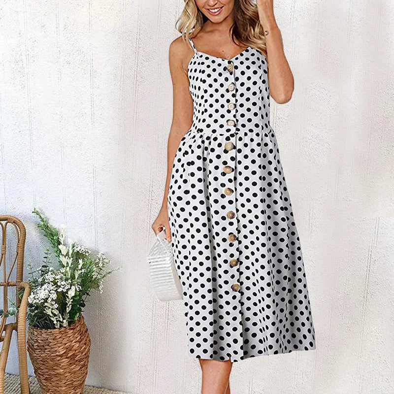 Spaghetti Strap Button Down Patch Pocket A-Line Midi Dress