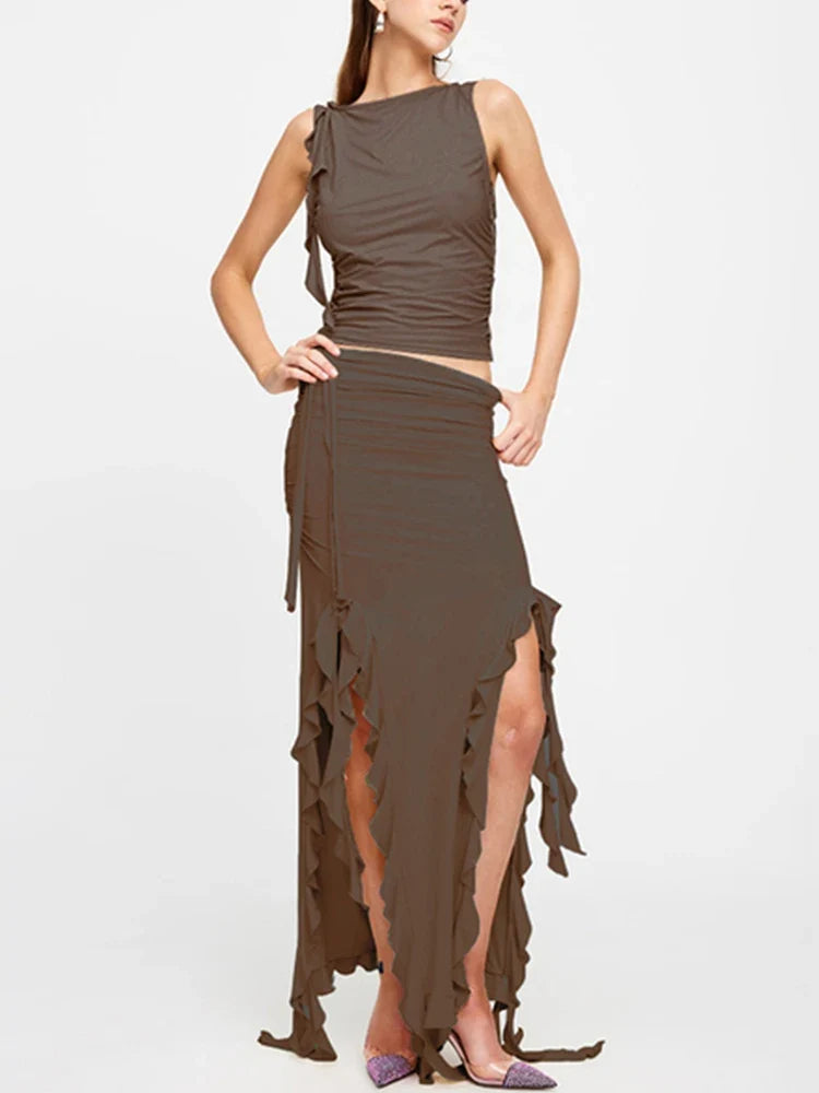Fashion Party Ruffles Maxi Split Skirt