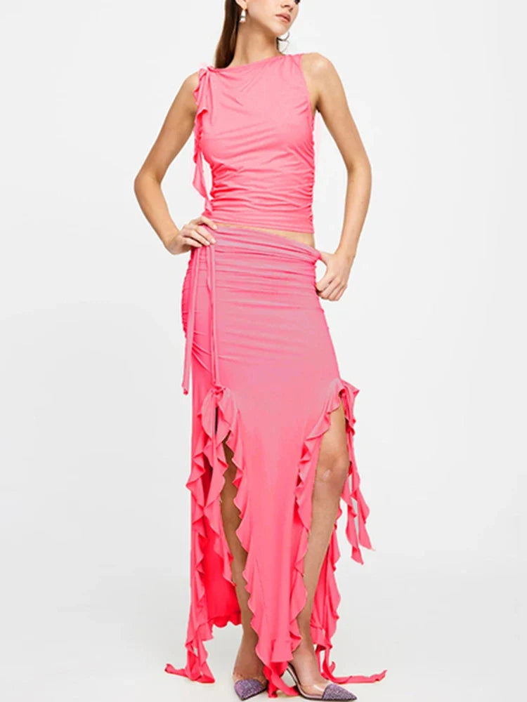 Fashion Party Ruffles Maxi Split Skirt