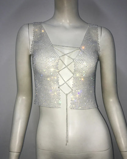 Gothic Flash Drill Fishnet Body Chain Nightclub Crop Top