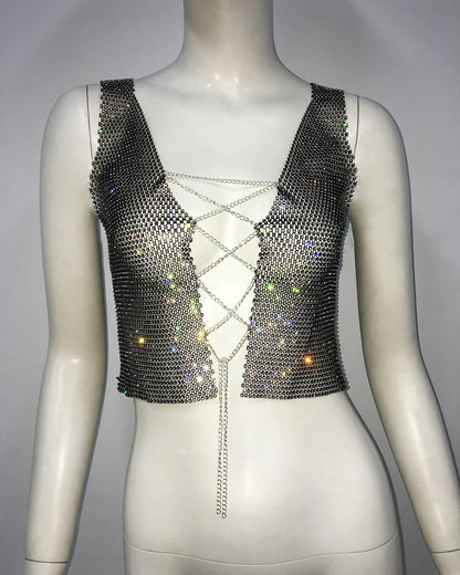 Gothic Flash Drill Fishnet Body Chain Nightclub Crop Top