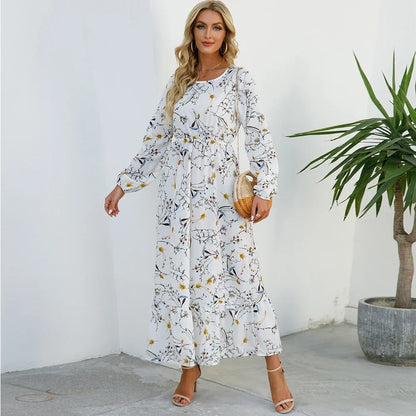 Floral Ditsy Print Long Sleeve Smocked Waist Tiered Ruffle Hem Maxi Dress