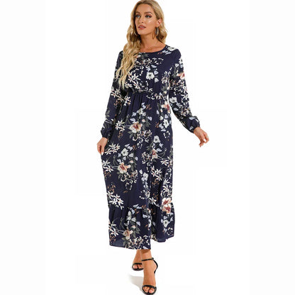 Floral Ditsy Print Long Sleeve Smocked Waist Tiered Ruffle Hem Maxi Dress