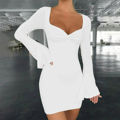 Square Neck Twist Front Flare Sleeve Bodycon Mini Dress