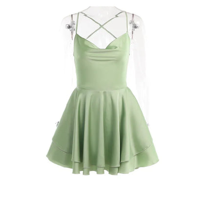 Satin Cowl Neck Spaghetti Strap Tiered Ruffle Waistband Mini Dress