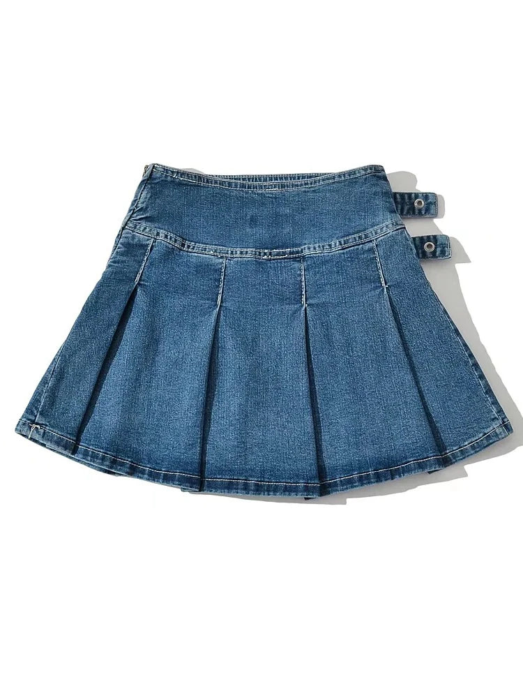 2025 Summer New Denim Y2k Skirt with Pleats and Belt 90s E-girl Korean Skirts For Women High Street Jeans Short Bottom
