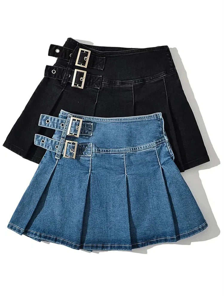 2025 Summer New Denim Y2k Skirt with Pleats and Belt 90s E-girl Korean Skirts For Women High Street Jeans Short Bottom