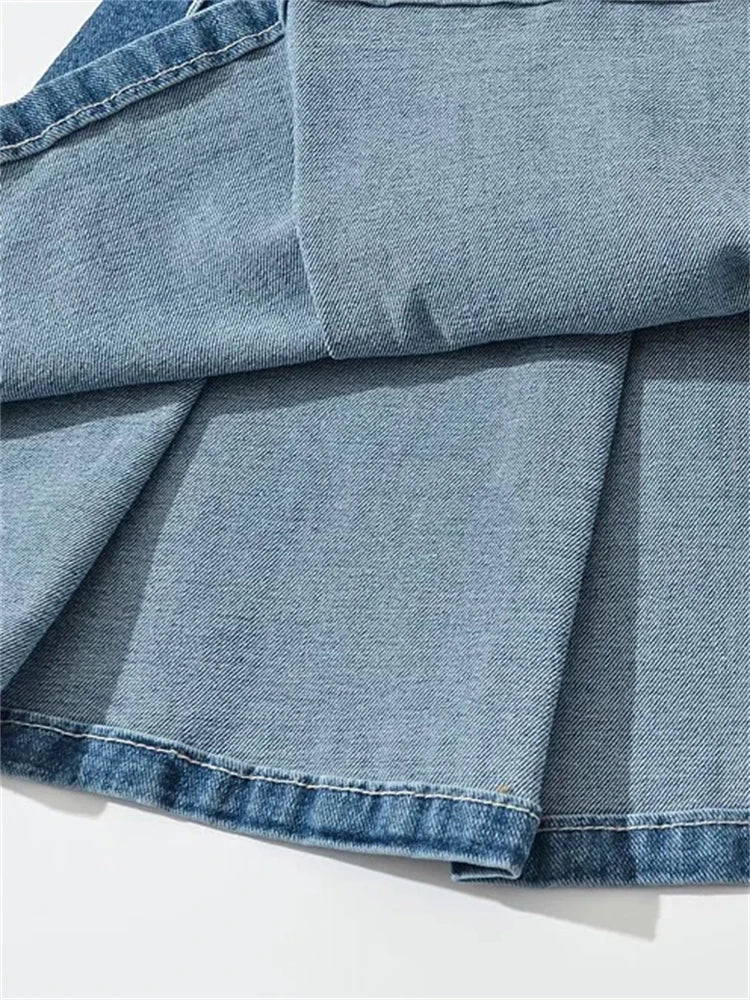 2025 Summer New Denim Y2k Skirt with Pleats and Belt 90s E-girl Korean Skirts For Women High Street Jeans Short Bottom
