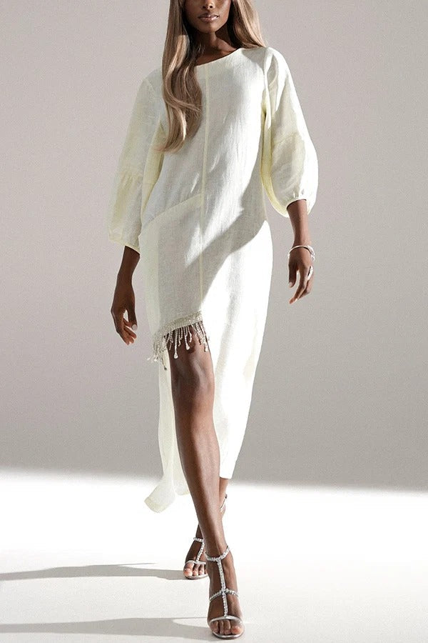Luna Linen Blend Balloon Sleeve Pocket Silver Tassels Asymmetrical Hem Midi Dress