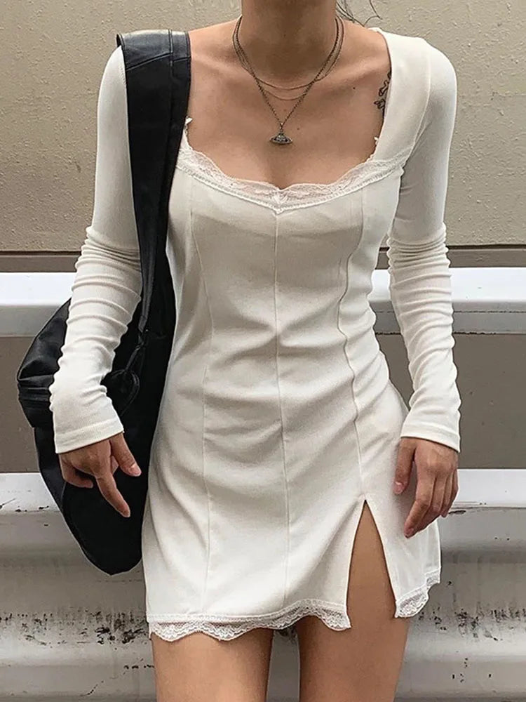 Autumn Spring Women Lace Patchwork Split Mini Low Midi Dresses