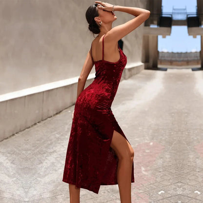 Jacquard Cowl Neck Spaghetti Strap Button Detail High Slit Maxi Dress