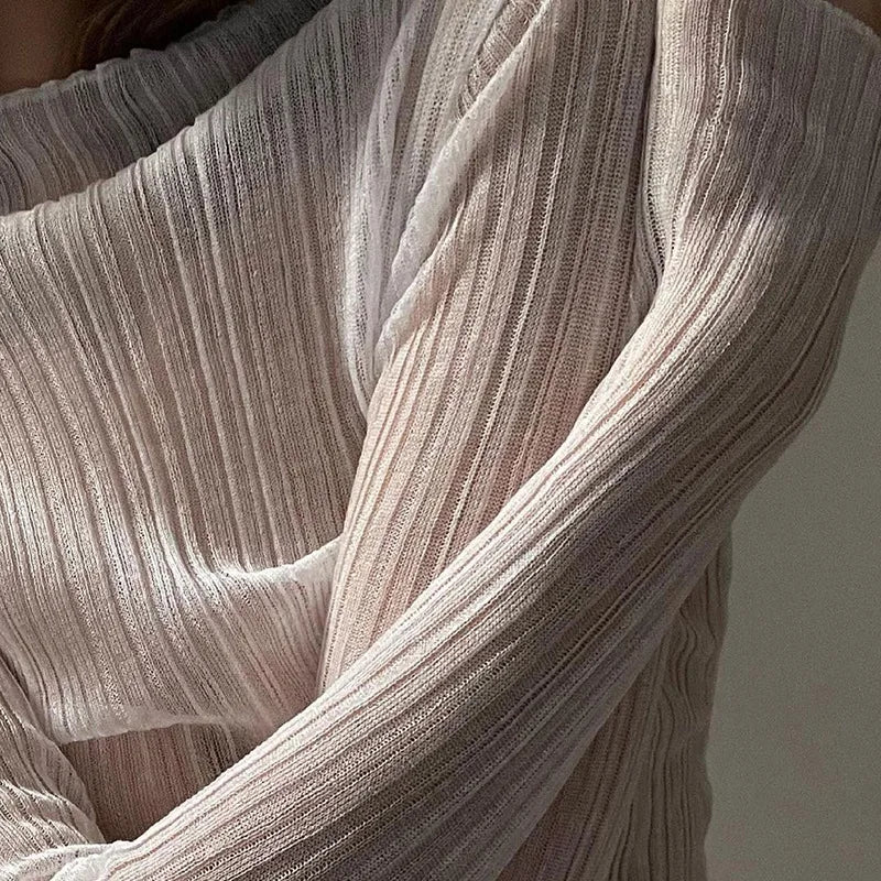 2025 Fall Elegant See Through Long Sleeve Mock Neck Women Tops Fashion Streetwear Sexy T-Shirts Tees Slim Clothes