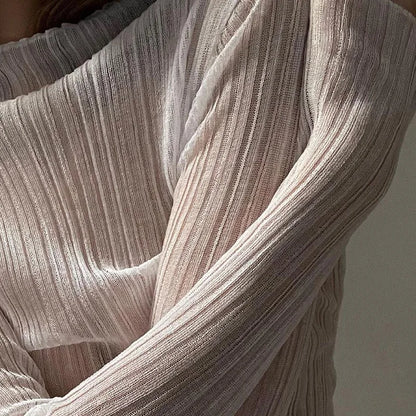 2025 Fall Elegant See Through Long Sleeve Mock Neck Women Tops Fashion Streetwear Sexy T-Shirts Tees Slim Clothes