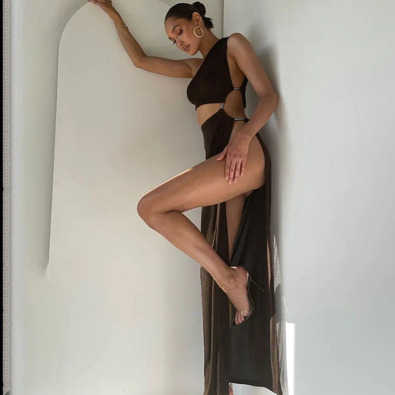 One Shoulder Cut Out Ring Hardware Ruched High Split Maxi Dress