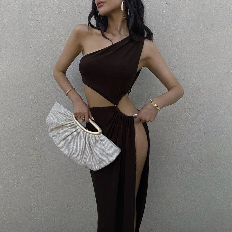 Hollow Oblique Commuter One-shoulder Elegant Casual Midi Dresses