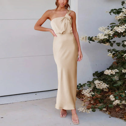 Elegant One-Shoulder Satin French Slim Ladies Midi Dresses