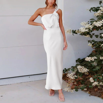 Satin One Shoulder Twisted Strap Column Maxi Dress