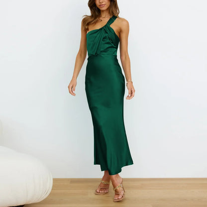 Satin One Shoulder Twisted Strap Column Maxi Dress