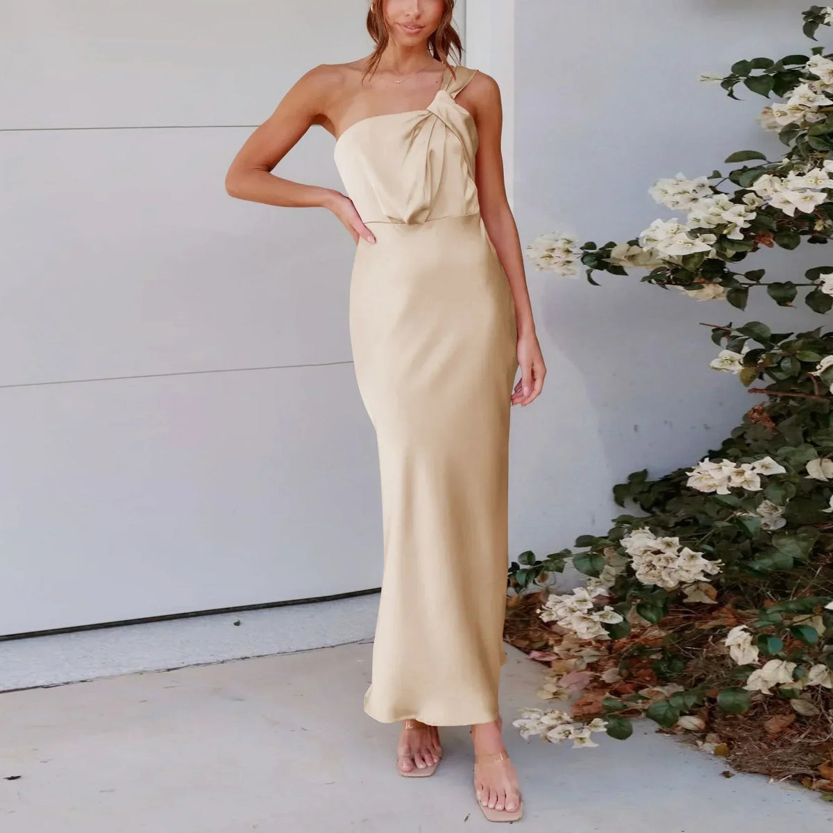 One Shoulder Twisted Knot Strap Draped Pleated Satin Bias Cut Maxi Dress