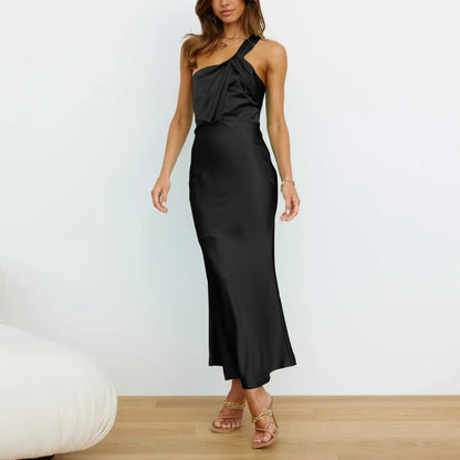 One Shoulder Twisted Knot Strap Draped Pleated Satin Bias Cut Maxi Dress