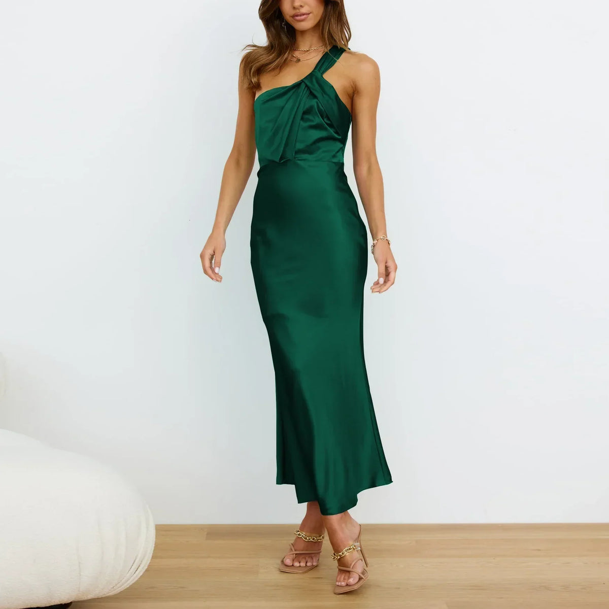 One Shoulder Twisted Knot Strap Draped Pleated Satin Bias Cut Maxi Dress