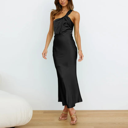 Elegant One-Shoulder Satin French Slim Ladies Midi Dresses