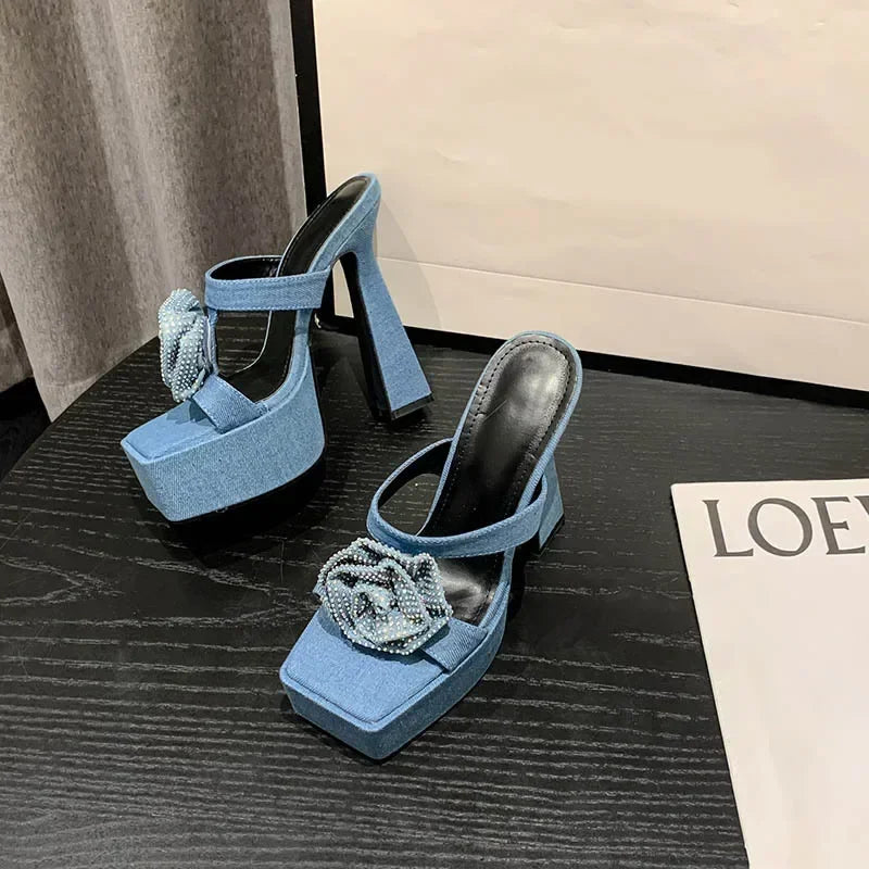 Fashionable 2024 Denim Blue Rhinestone Rose Flower Peep Toe Gladiator High Heel