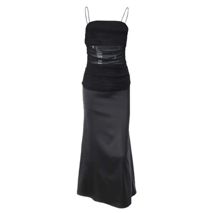 Mesh Panel Ruched Spaghetti Strap Satin Maxi Dress