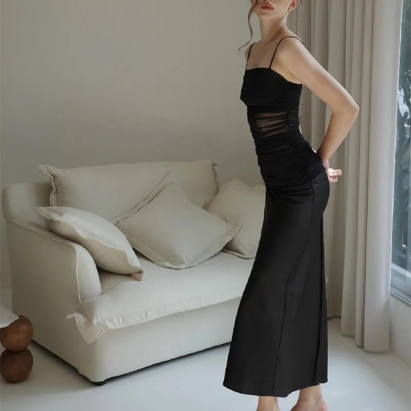 Mesh Panel Ruched Spaghetti Strap Satin Maxi Dress