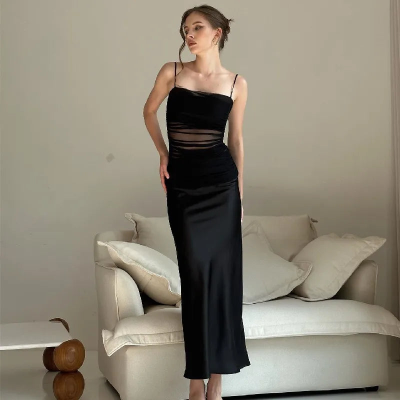Mesh Panel Ruched Spaghetti Strap Satin Maxi Dress