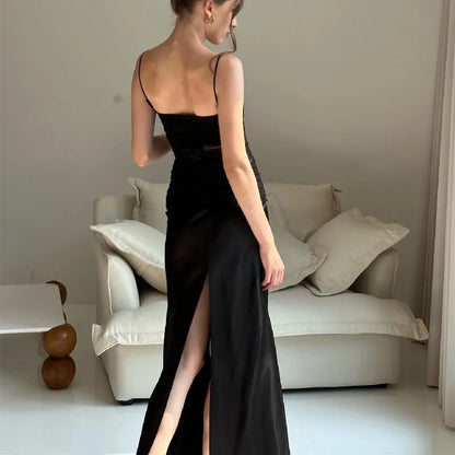Mesh Panel Ruched Spaghetti Strap Satin Maxi Dress