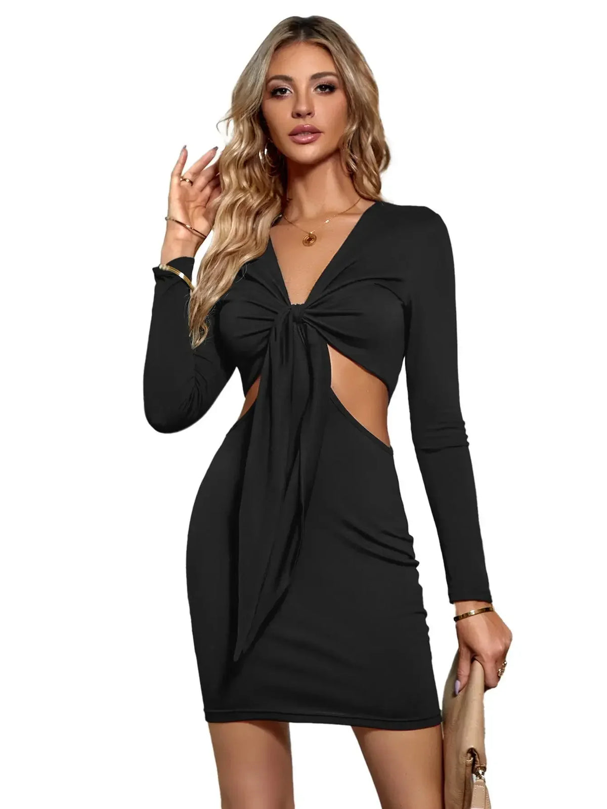 Mid Waist Split V-Neck Elastic Outfits Solid Midi Dresses