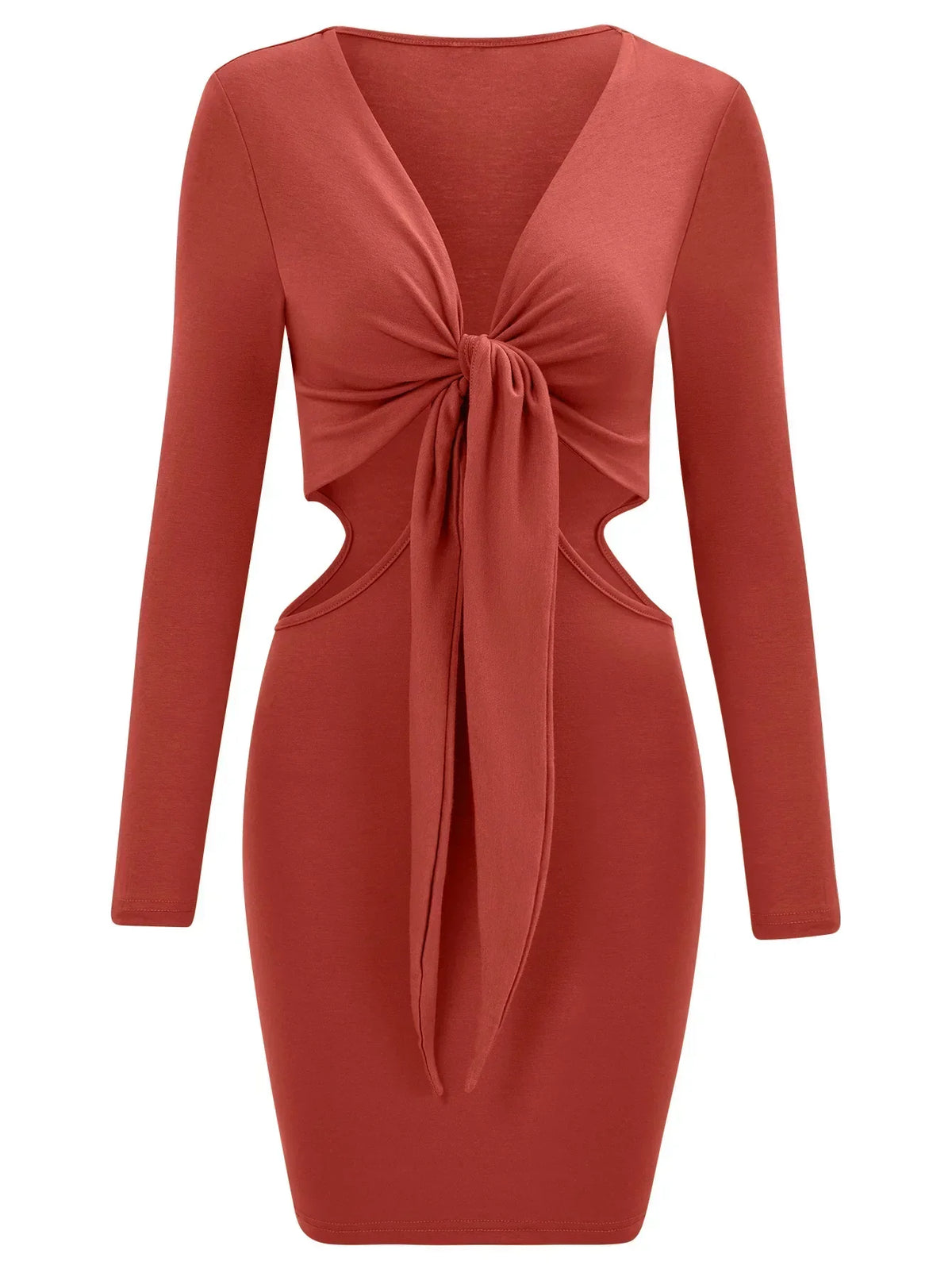Tie Front Waist Cut Out Long Sleeve Bodycon Mini Dress