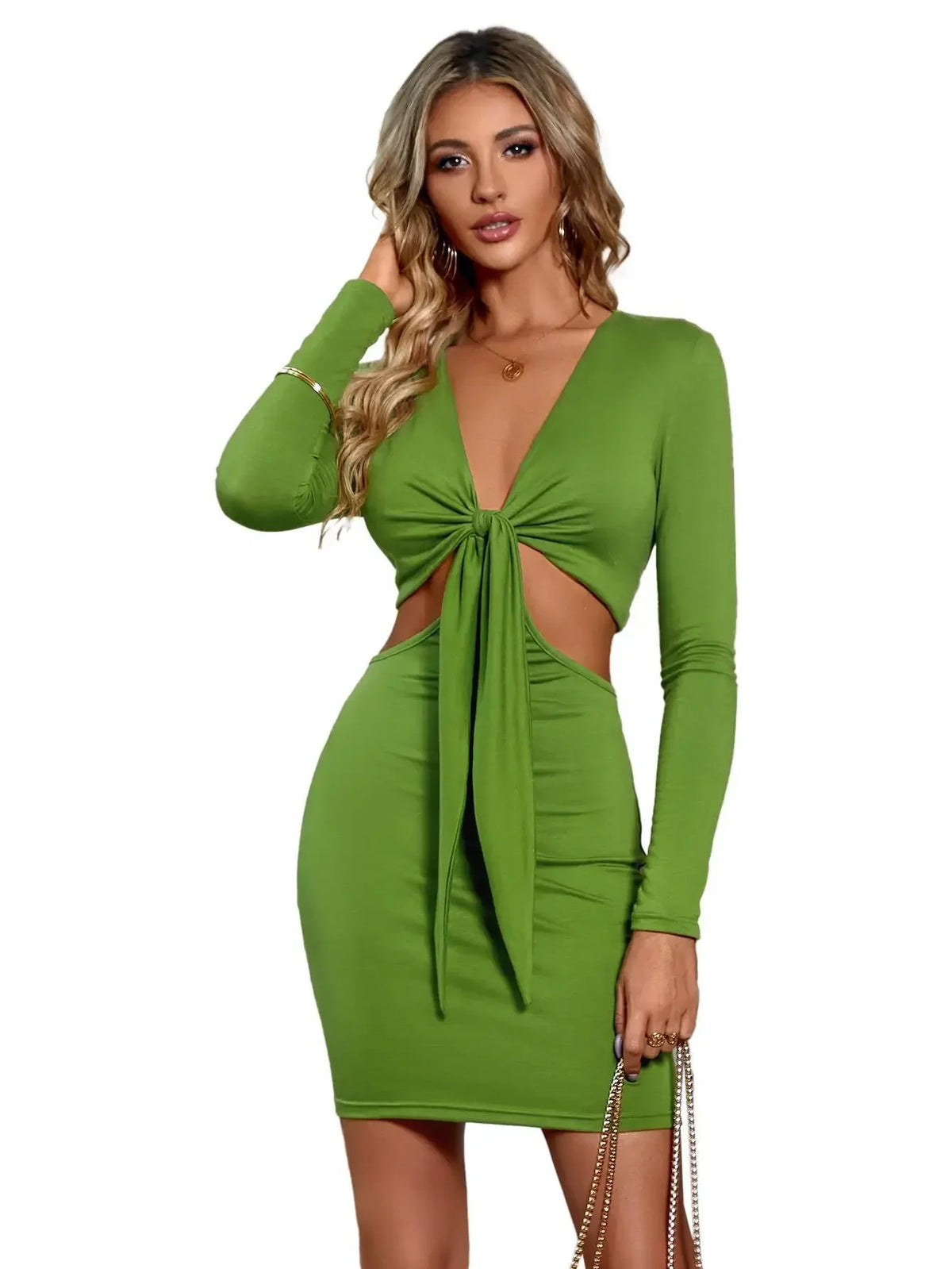 Mid Waist Split V-Neck Elastic Outfits Solid Midi Dresses