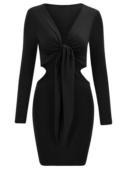 Tie Front Waist Cut Out Long Sleeve Bodycon Mini Dress